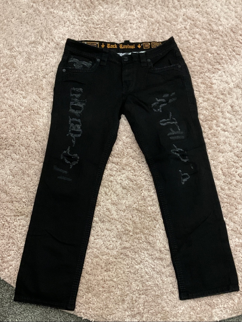 Men’s Rock Revival Black Ripped Jeans with Subtle Embroidery